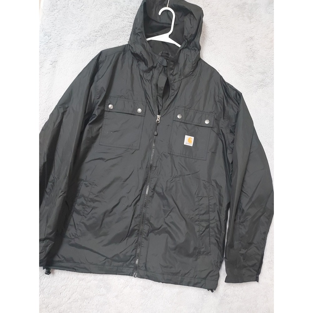 Carhartt Jacket Mens Large Rockford Hooded Nylon Rain Windbreaker Black Parka